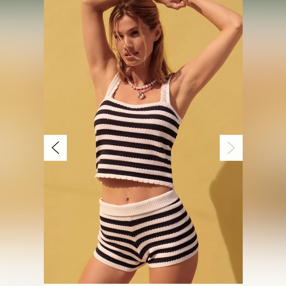 Flat white navy blue and white striped crochet knit set